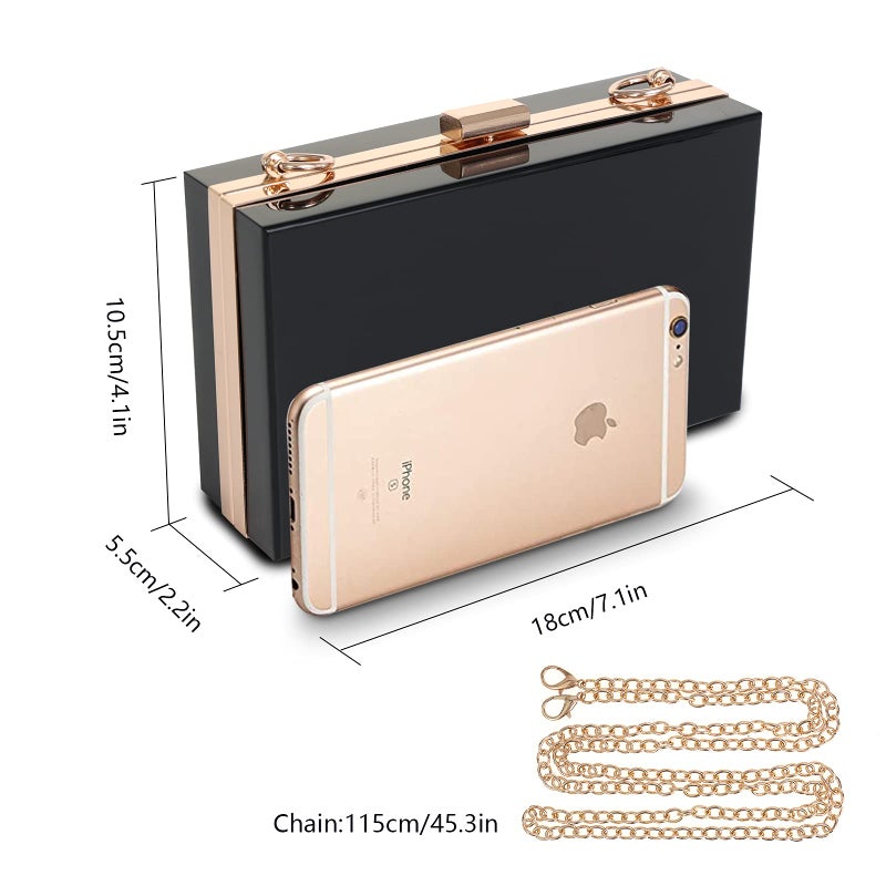WJCD Women Clear Purse Acrylic Box Clutch Handbag, Small Transparent Crossbody Evening Bag Stadium Approved Gold Chain Strap (Black) - Image 2